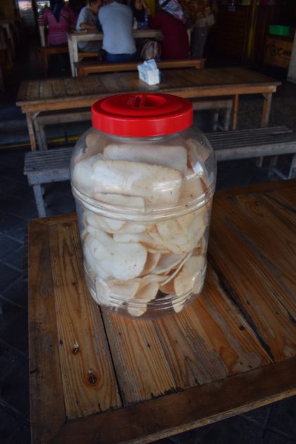 large pot of indonesian prawn crackers at Warung Makan Cak Koting 