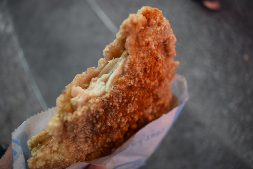 Pure breast meat within batter showing meat fibres