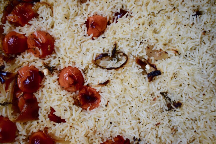 Close-up of the rice after cooking showing the individual grains you get from the pilaf method