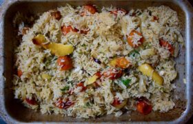 The completed Mediterannean rice recipe with basmati after coming out of the oven