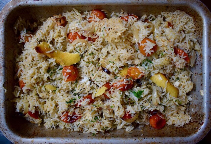 The completed Mediterannean rice recipe with basmati after coming out of the oven