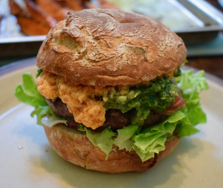 A homemade baggio burger using my nduja mayo recipe along with salsa verde, parma ham and mozzarella