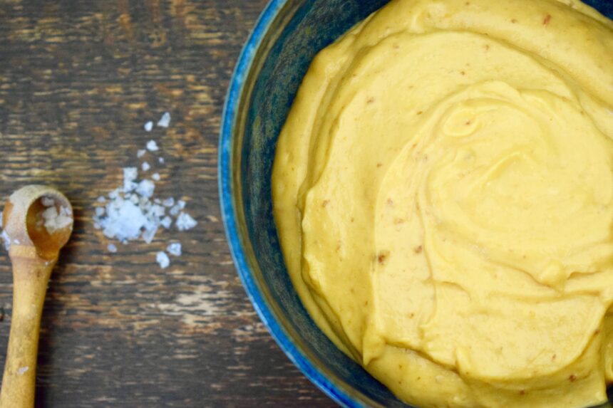 A close-up of the homemade nduja mayonnaise recipe showing thick and glossy texture