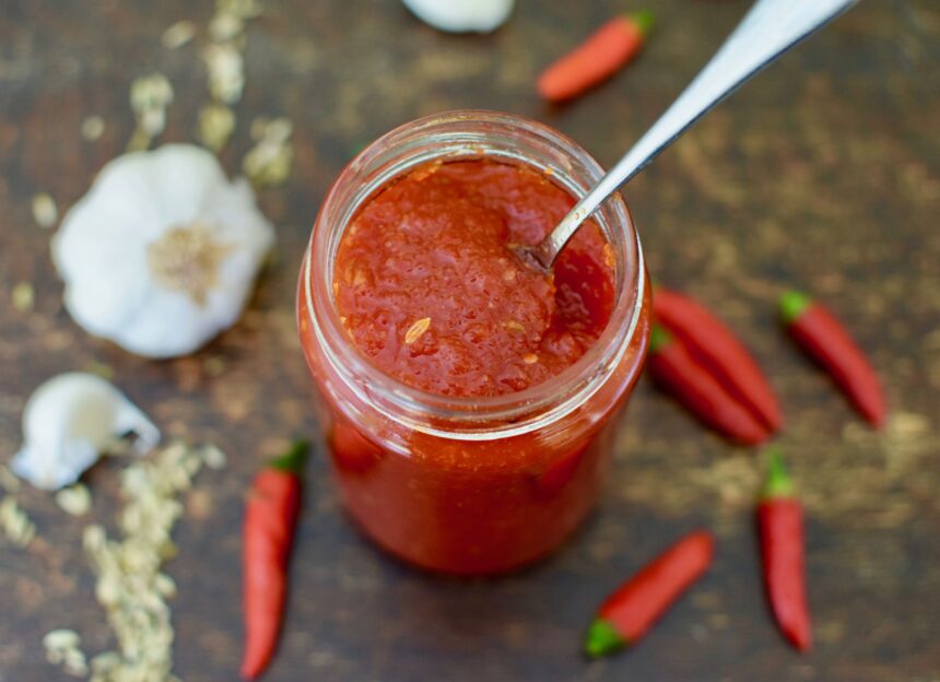 Red pepper and tomato chilli jam in a jar with garlic, chilli and fennel seeds in the background