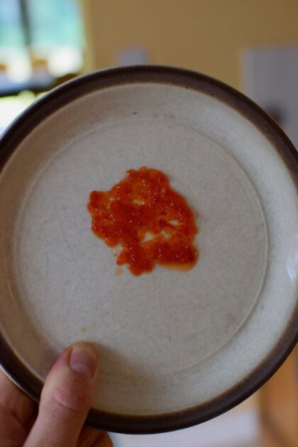 Testing for the thickness of the final chilli jam by placing a small amount on frozen plate