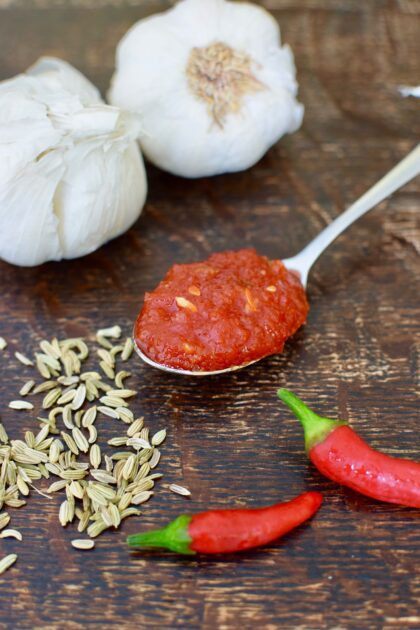 Red pepper and chili jam inspired by Jamie Oliver on a spoon with garlic, chilli and fennel seeds in the background